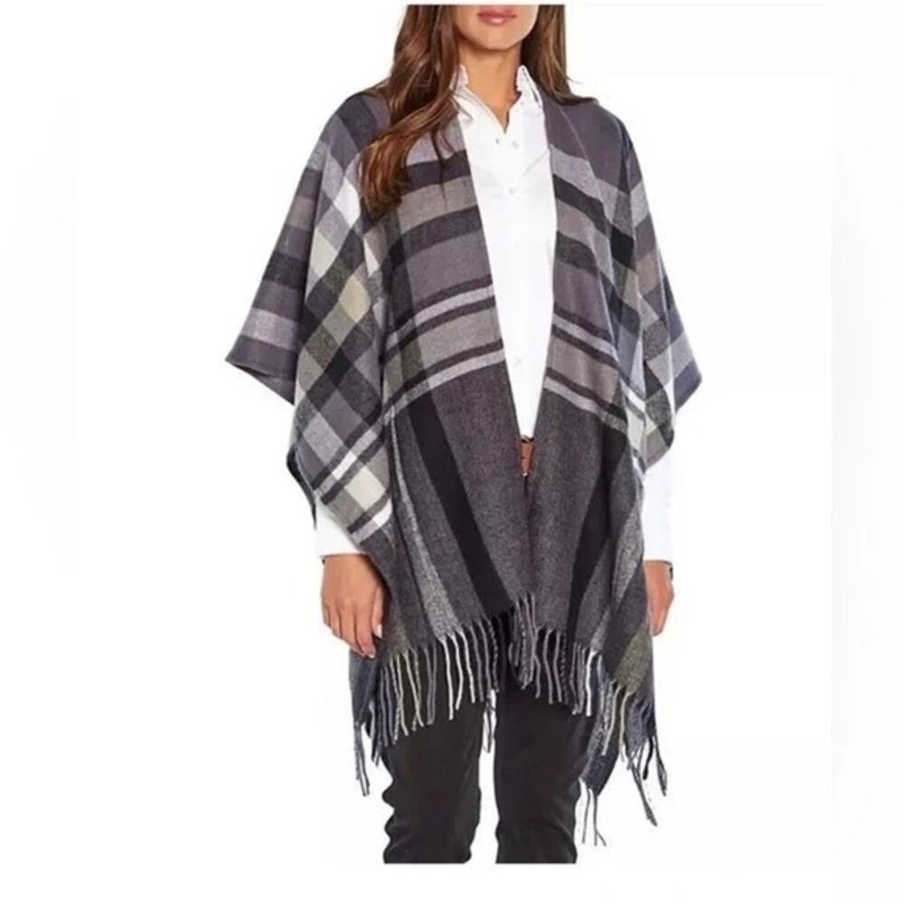 Banana Republic NWT Cashmere Blend Wrap Poncho Shawl Plaid Purple Black O/S